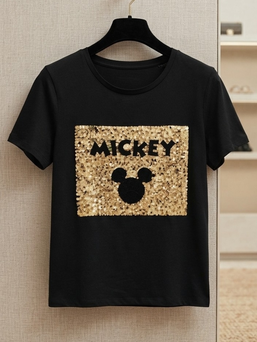 Disney Black Tee with Gold Sequin Mickey Patch